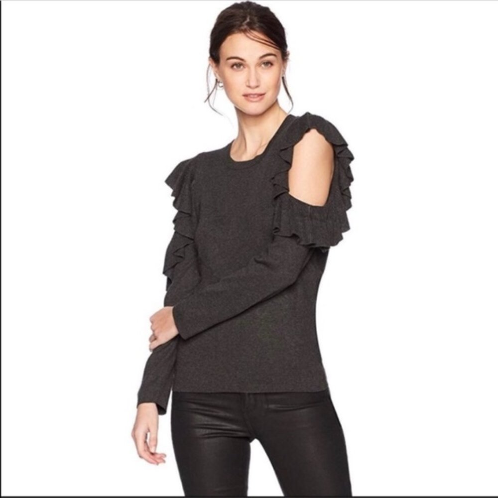 Max Studio Grey Gray Ruffled Cold Shoulder Sweater - Picture 2 of 6